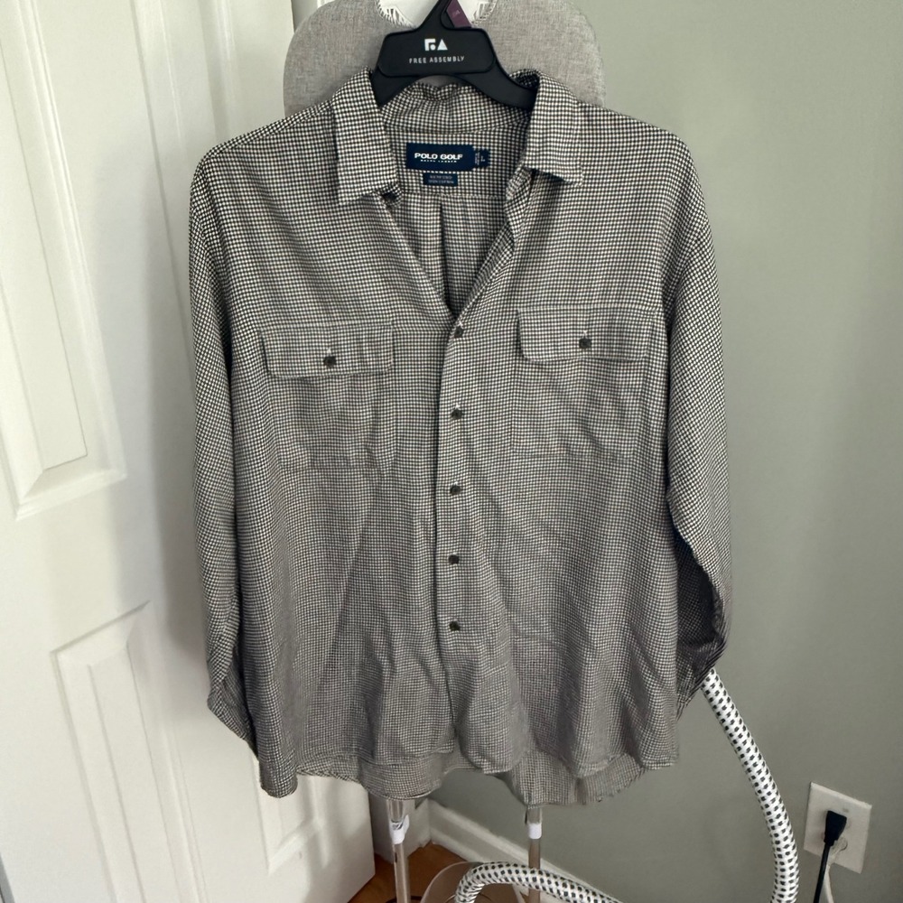 Polo Golf Ralph Lauren Shirt Mens L Black White Houndstooth Cotton Benford L/S